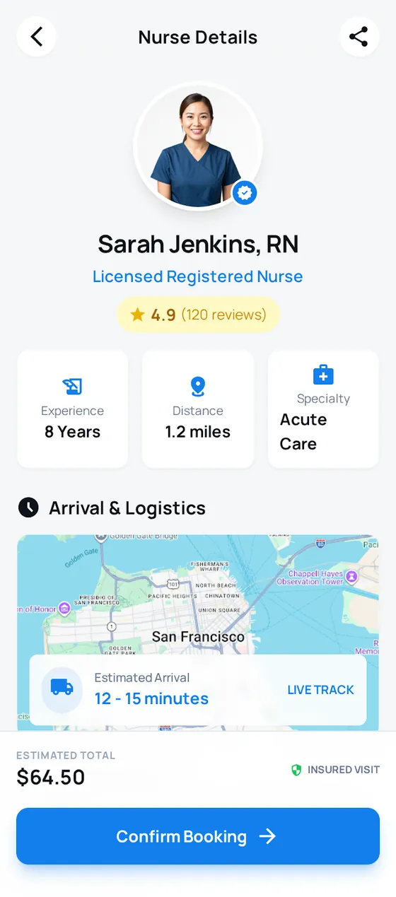 QURO app: a Registered Nurse's profile with a verified badge, star rating, years of experience, distance, a map and a 12-15 minute estimated arrival, above a Confirm Booking button.