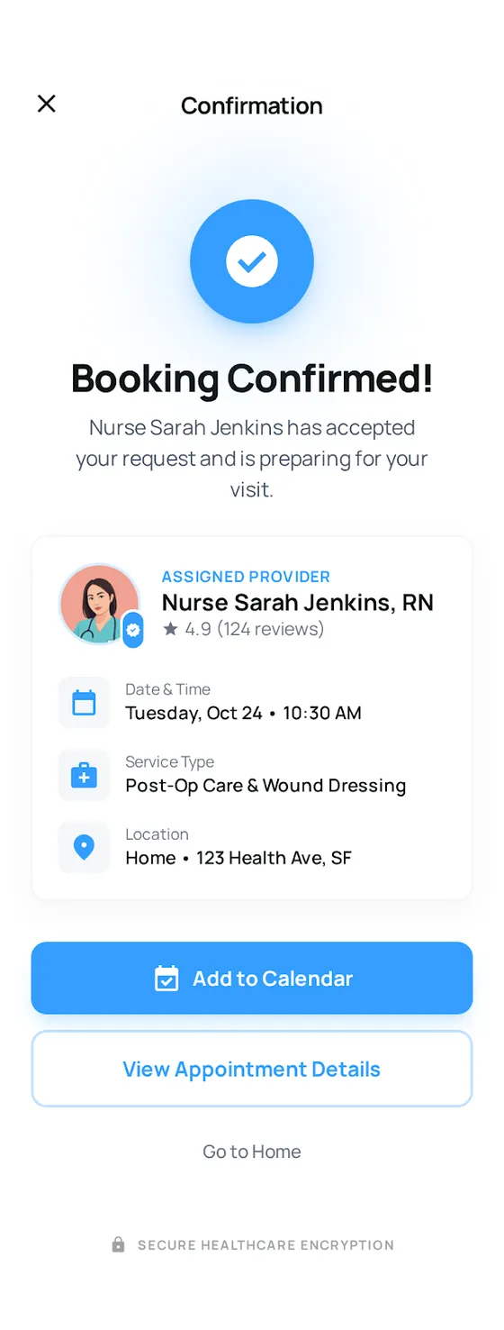 QURO app: a booking confirmation naming the assigned Registered Nurse, the date and time, the service and the home address, with the visit secured by healthcare encryption.