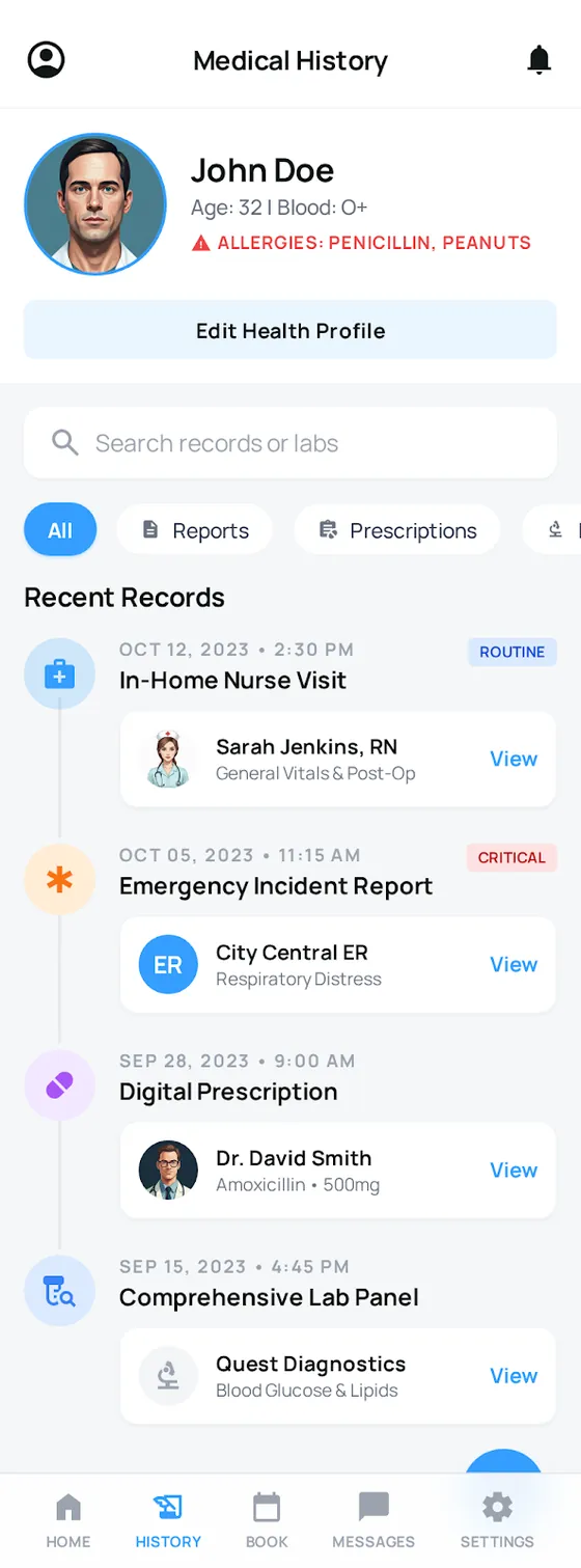 QURO app: a patient's medical history, listing an in-home nurse visit, an emergency incident report, a prescription and a lab panel on one searchable timeline.