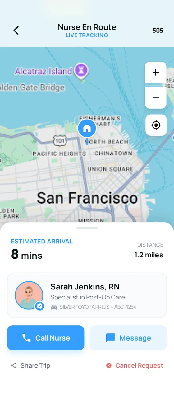 QURO app: live tracking of a nurse on the way, showing an 8-minute estimated arrival, 1.2 miles of distance, the nurse's name and credentials, and buttons to call or message her.